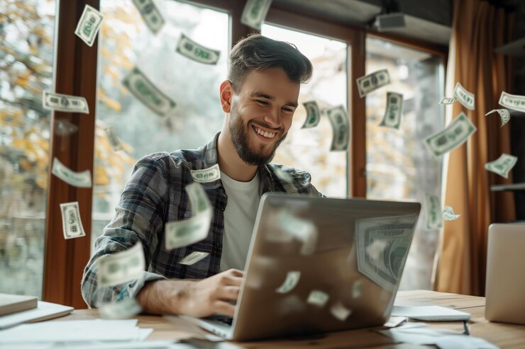 Photo a happy young man working casually on his laptop with money bills flying around radiating success an