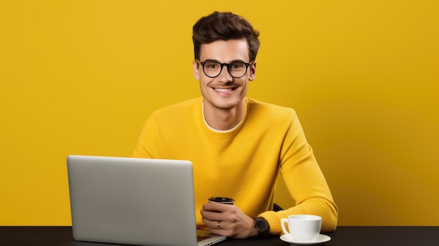 Happy young man working on a laptop against yellow background