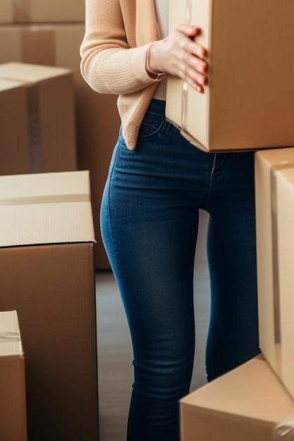 Photo happy young married couple moves to new apartment and unpaking boxes