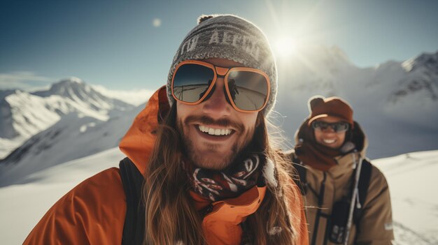 A happy young mens in a hat and a snowboard mask stands on the snowcapped peaks of the mountains