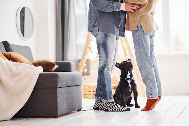 彼らのかわいい犬と一緒に家に立っている幸せな若い現代のカップル。