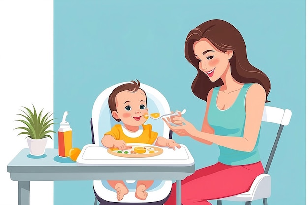 Happy young mother feeding her baby in highchair colorful vector Illustration on a white background