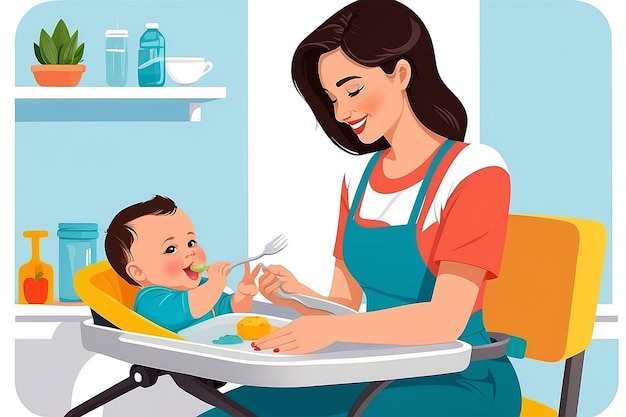 Happy young mother feeding her baby in highchair colorful vector Illustration on a white background