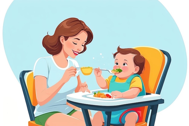 Happy young mother feeding her baby in highchair colorful vector Illustration on a white background