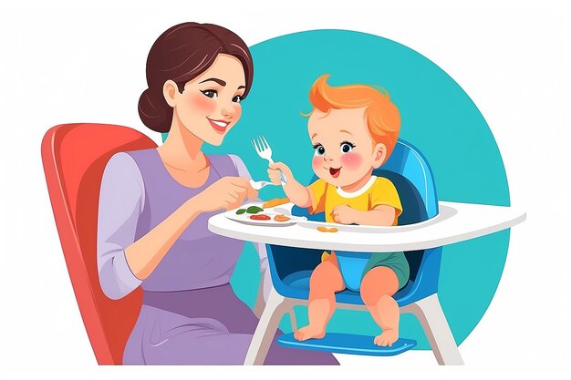 Happy young mother feeding her baby in highchair colorful vector Illustration on a white background