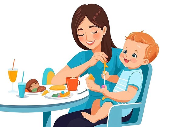 Happy young mother feeding her baby in highchair colorful vector Illustration on a white background