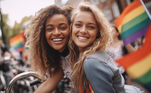 Photo happy young people smiling and cycling at lgbtq pride parade in amsterdam amsterdam pride month