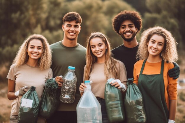 Foto giovani felici si offrono volontari in magliette con pacchetti di spazzatura per pulire le bottiglie di plastica generative di ia