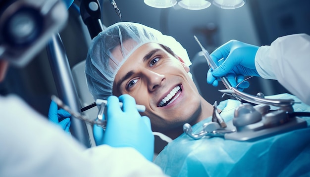 Happy young person lying with opened mouth male dentist in gloves using restoration instruments