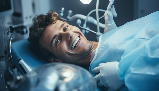 Счастливый молодой человек лежит с открытым ртом стоматолог-мужчина в перчатках с помощью реставрационных инструментов