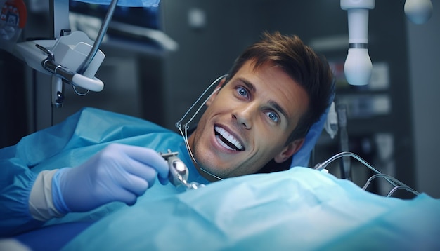 修復器具を使用して手袋をはめた口を開けた男性歯科医に横たわっている幸せな若い人