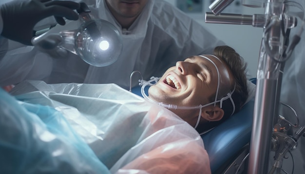 Happy young person lying with opened mouth male dentist in gloves using restoration instruments