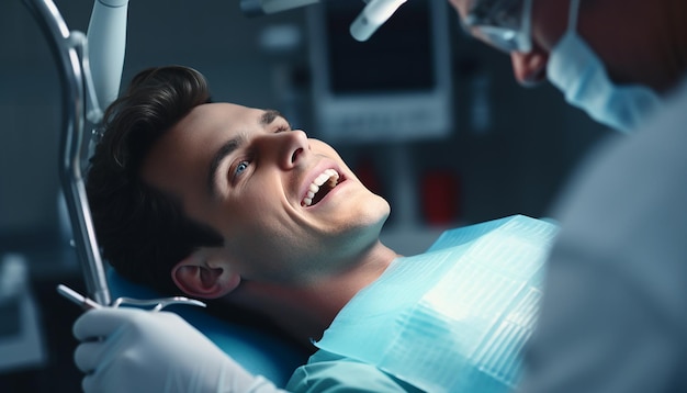 Happy young person lying with opened mouth male dentist in gloves using restoration instruments