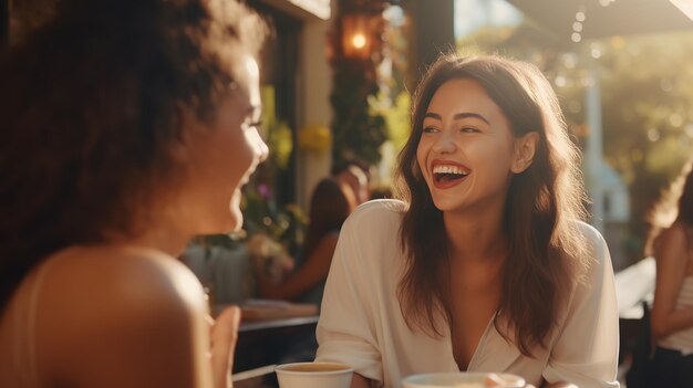 Happy young positive optimistic girls friends sitting outdoors in cafe drinking coffee talking with each other