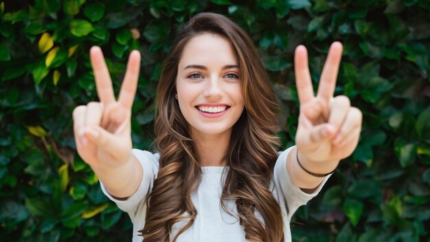 Photo happy young pretty woman showing peace gesture