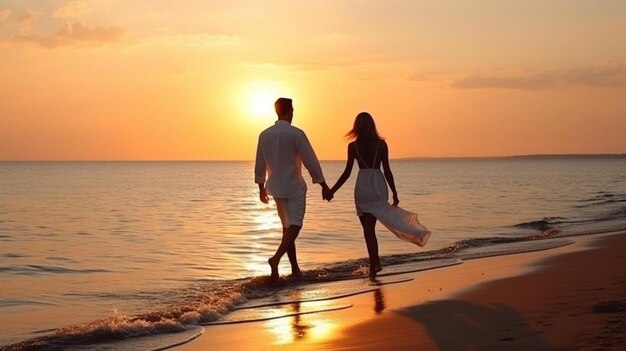 Happy young romantic couple in love have fun on beautiful beach at beautiful summer day