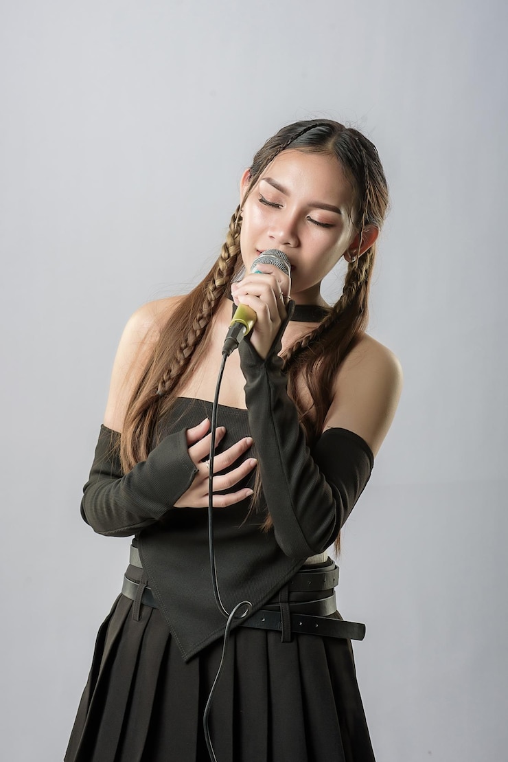 Photo 白い背景で隔離のスタジオでマイクを介して音楽サウンドを録音する幸せな若い歌手