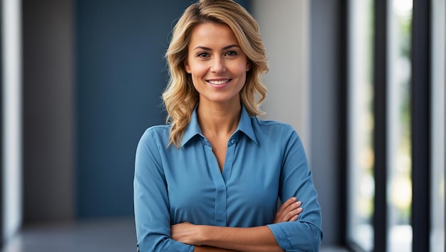 Счастливая молодая улыбающаяся уверенная в себе профессиональная бизнес-женщина в синей рубашке довольно стильная женщина