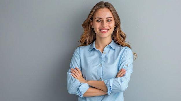 happy young smiling confident professional business woman wearing blue shirt pretty stylish female