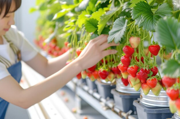 Photo happy young smiling woman farmer or gardener picking strawberries in greenhouse