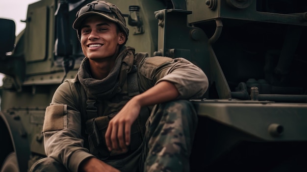 Happy young soldier smiling cheerfully created with Generative Al technology