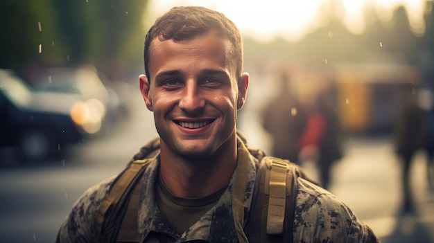 쾌활하게 웃고 있는 행복한 젊은 군인