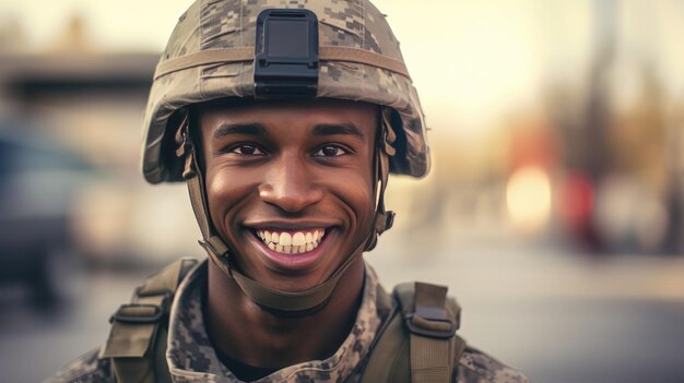 Happy young soldier smiling cheerfully