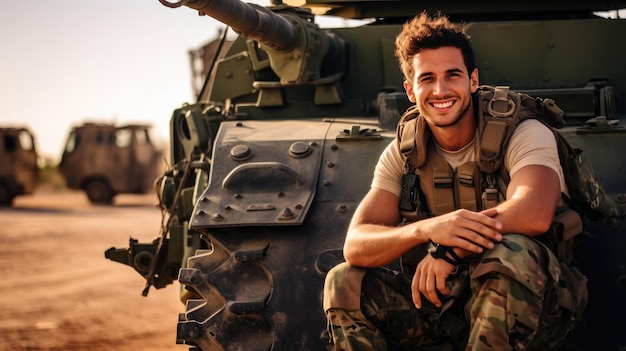 Happy young soldier smiling cheerfully