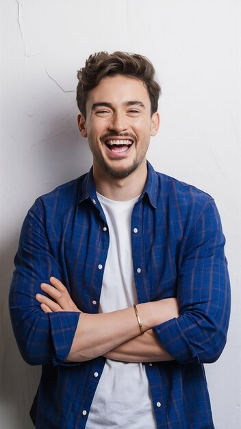 Happy young stubble man laughing and standing over white backdrop