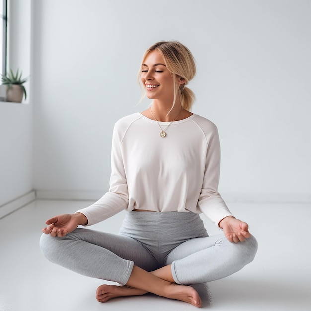 Happy young student woman sitting on the floor using a laptop on a White wall