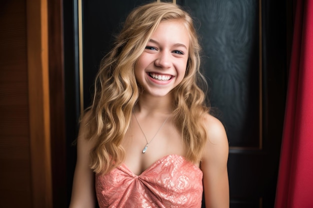 행복 한 십대 소녀 가 댄스 드레스 를 입고 카메라 에 미소 짓고 있다