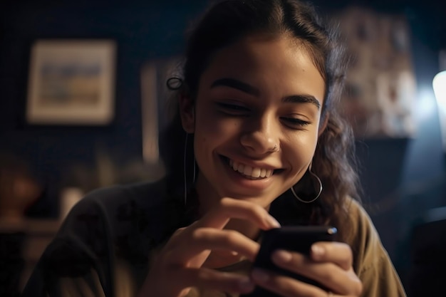 Happy young teenager girl checking social media on mobile phone Smiling young latin woman using app shopping online and orderingdelivery Generate Ai