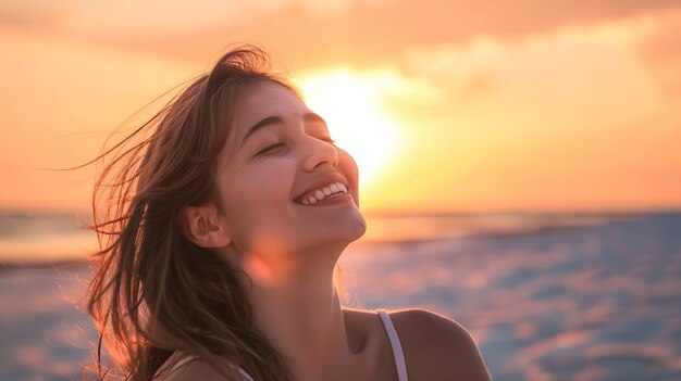 Happy young woman on beach at dusk Generative AI