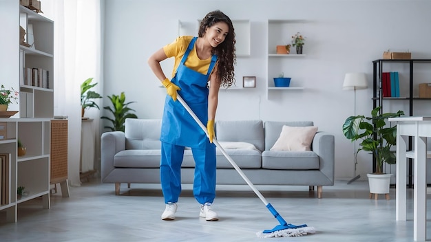 Happy young woman in blue rubber using mop while cleaning on floor at home