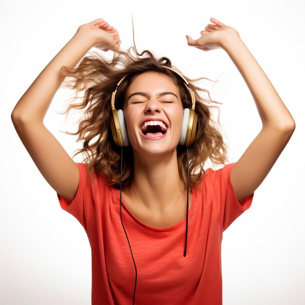 Foto una giovane donna felice trascinata ad ascoltare musica allegra con le mani alzate indossando un auricolare stereo