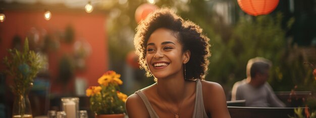 Happy young woman celebrates her birthday in the backyard of her home with decorations like cake candles balloons and lights