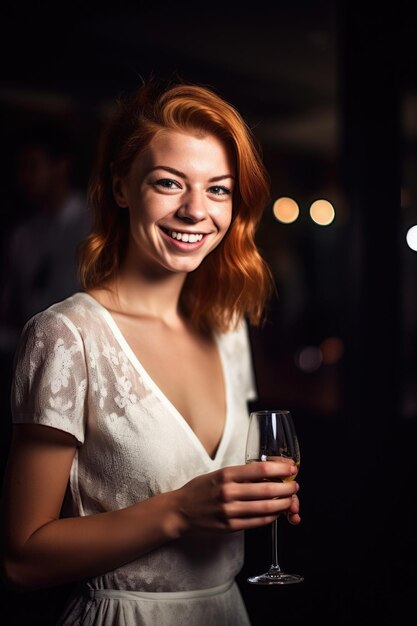 A happy young woman celebrating with a glass of champagne at a party created with generative ai