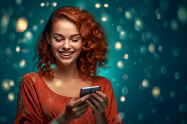 Happy young woman checking her phone on blue background with Generative AI