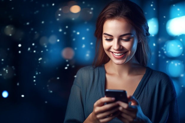 Happy young woman checking her phone on blue background with Generative AI