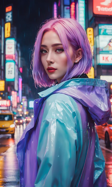 Happy Young Woman in Cosplay Costume Poses in Nighttime City Street