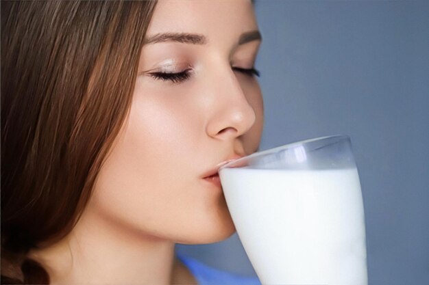 Happy young woman drinking milk or protein cocktail from glass healthy drink diet and wellness