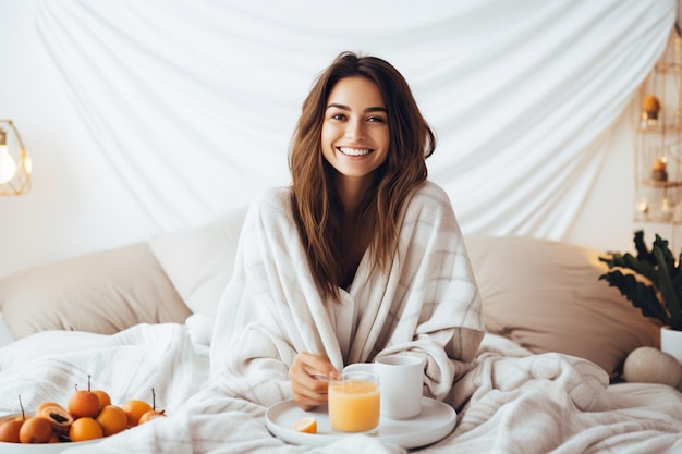 Happy Young woman eating breakfast in bed