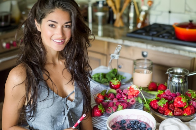 Happy Young Woman Enjoying Cooking with Fresh Produce in a Bright Kitchen Setting