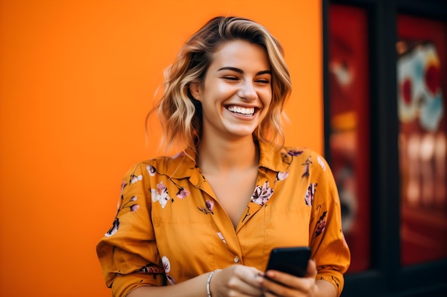 携帯電話を使用して眼鏡の幸せな若い女性は、copyspace でオレンジ色の背景を分離しました。