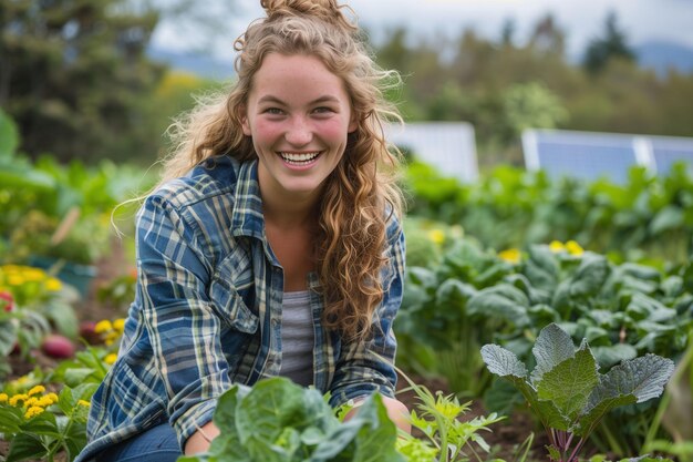 Happy Young Woman Gardening in Sustainable Farm