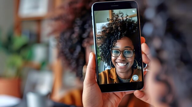 Happy young woman in glasses smiling for a selfie Casual indoor setting with plants Modern lifestyle portrait focused on connection AI