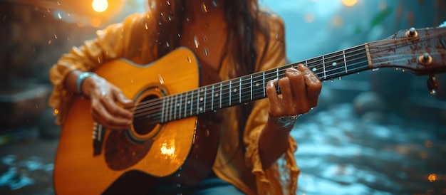 어쿠스틱 기타를 연주하는 행복한 젊은 여성의 손