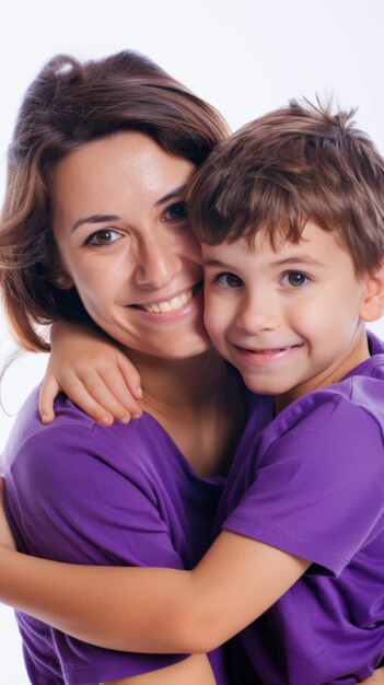 Photo happy young woman have fun with cute child baby boy 567 years old in violet tshirt