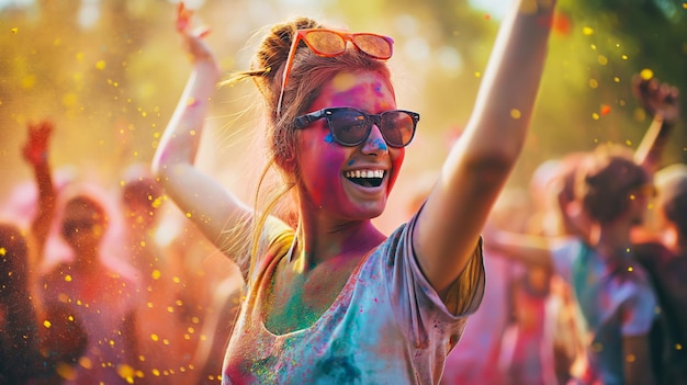 Фото Счастливая молодая женщина веселится и танцует в толпе на празднике холи, летней вечеринке или музыкальном фестивале