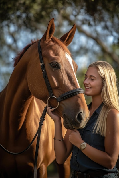 A happy young woman and her horse talking together